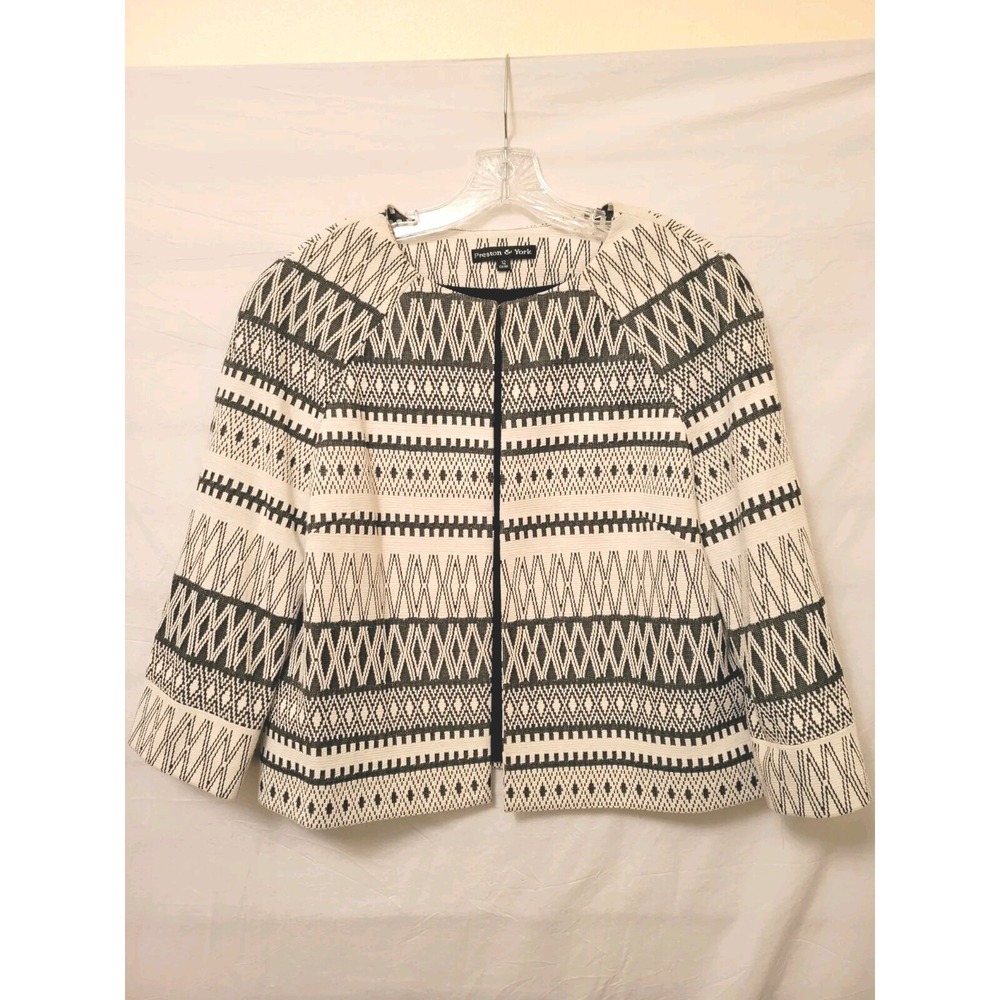 Preston & York Jacket Sz 12 Crop Gray Off-White Geometric 3/4‎ Sleeve Zip Lined